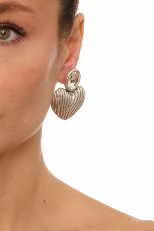 Kiraz White Crystal Stoned Silver Plated Heart Earring