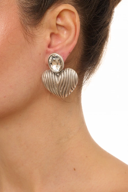 Kiraz White Crystal Stoned Silver Plated Heart Earring