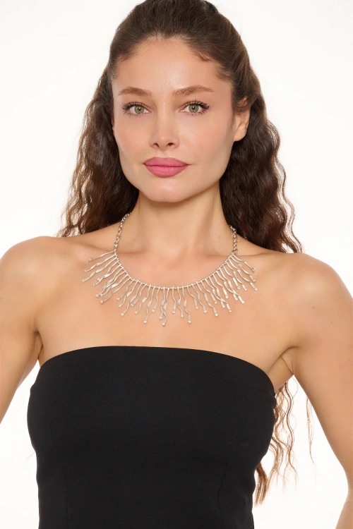 Kiraz White Crystal Stoned Silver Plated Lightning Necklace