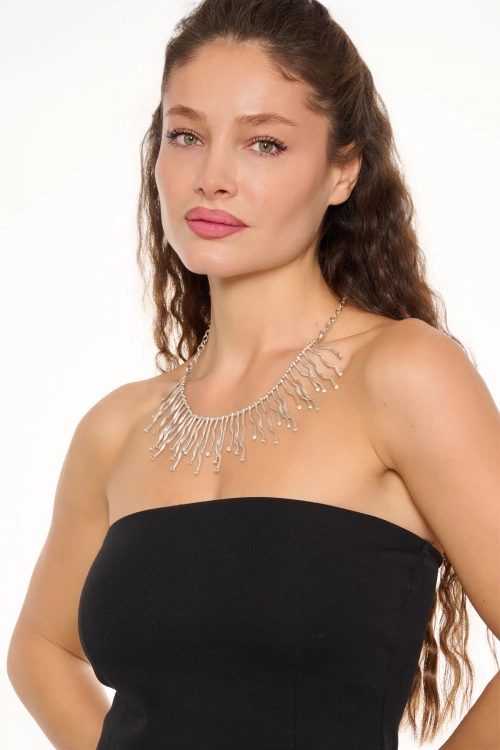 Kiraz White Crystal Stoned Silver Plated Lightning Necklace