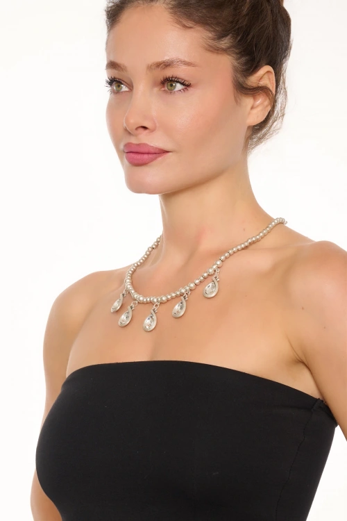 Kiraz White Crystal Stoned Silver Plated Necklace