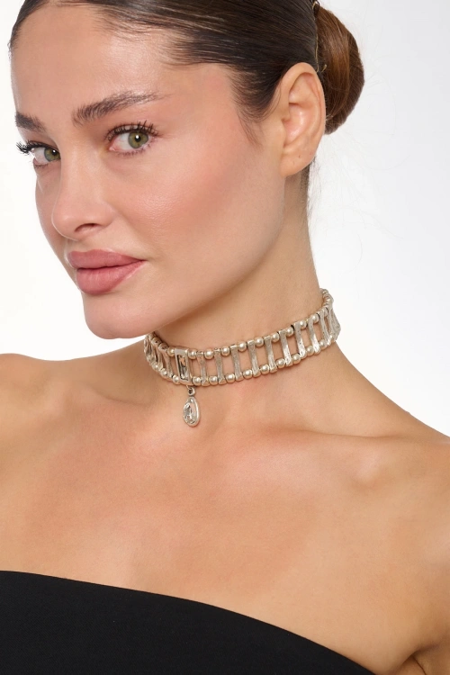 Kiraz White Crystal Stoned Silver Plated Necklace