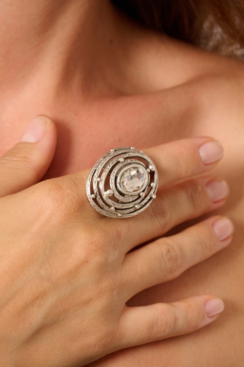 Kiraz White Crystal Stoned Silver Plated Ring