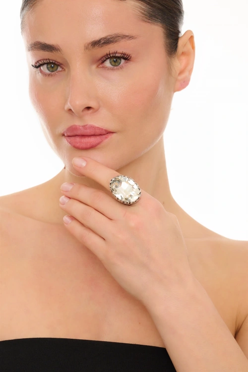 Kiraz White Crystal Stoned Silver Plated Ring