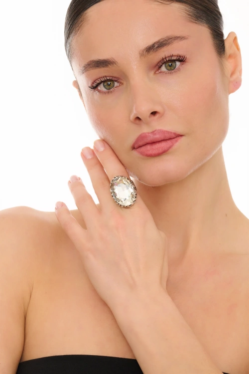 Kiraz White Crystal Stoned Silver Plated Ring