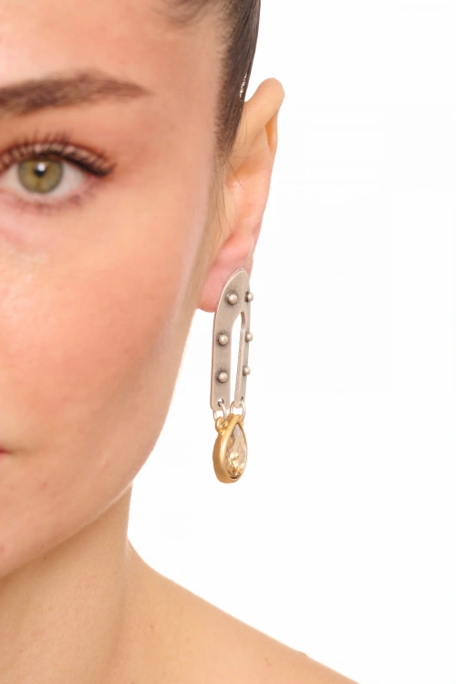 Kiraz Yellow Crystal Stoned Silver And Gold Plated Earring