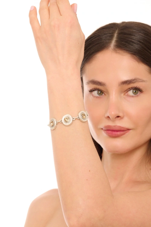 Kiraz Yellow Crystal Stoned Silver Plated Bracelet