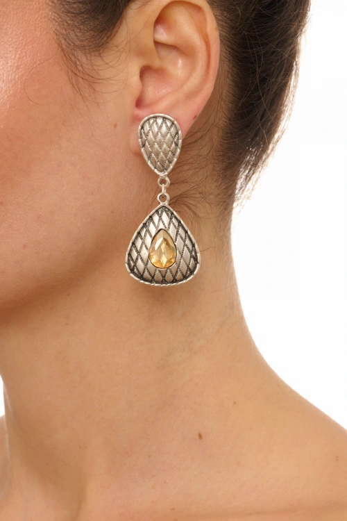 Kiraz Yellow Crystal Stoned Silver Plated Earring