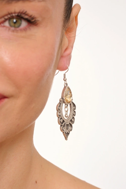 Kiraz Yellow Crystal Stoned Silver Plated Earring