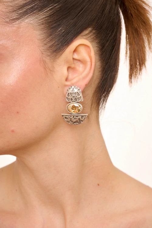 Kiraz Yellow Crystal Stoned Silver Plated Earring