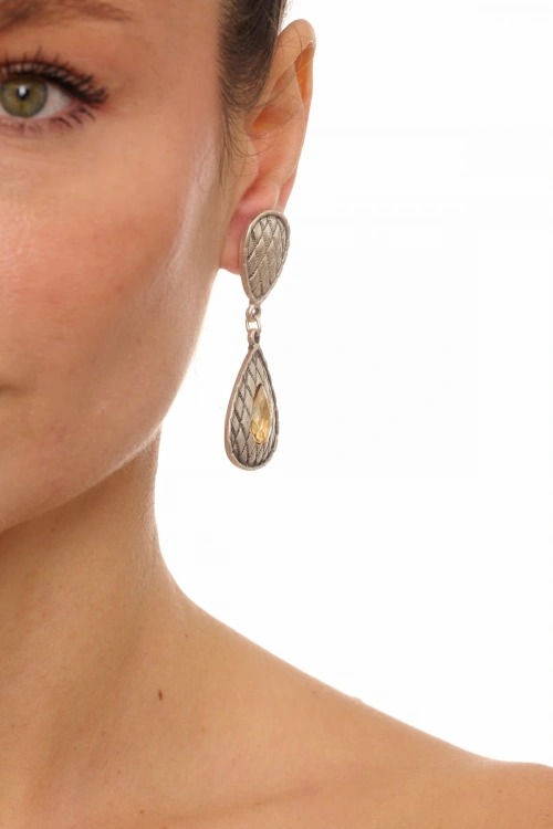 Kiraz Yellow Crystal Stoned Silver Plated Earring