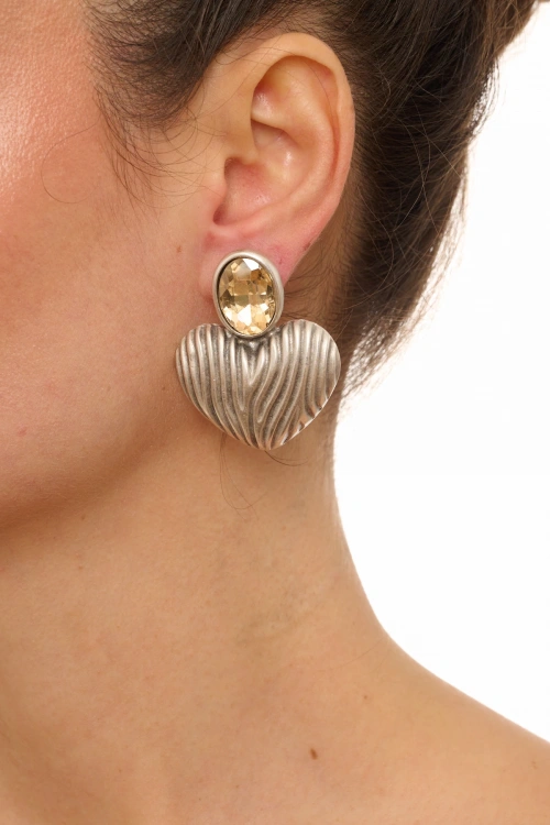 Kiraz Yellow Crystal Stoned Silver Plated Heart Earring