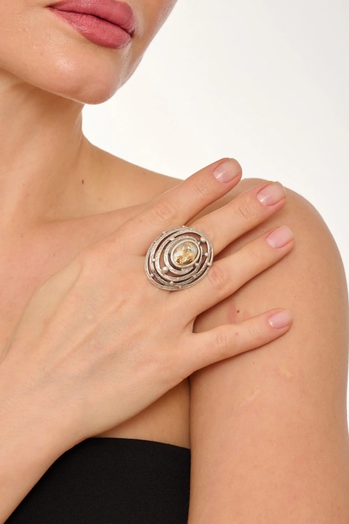 Kiraz Yellow Crystal Stoned Silver Plated Ring