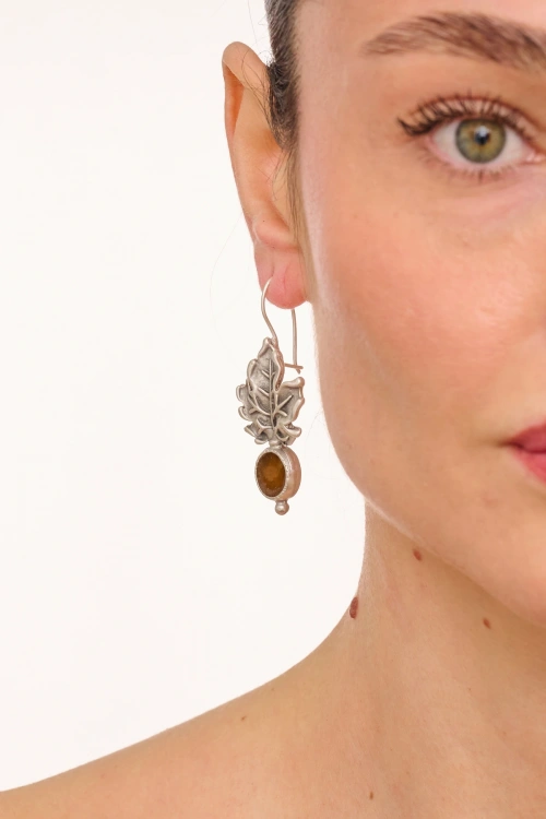 Kiraz Yellow Enameld Silver Plated Leaf Earring