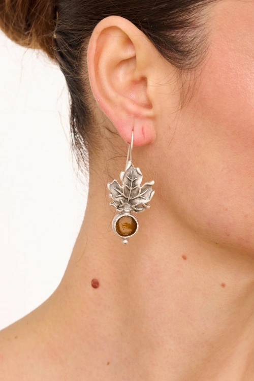 Kiraz Yellow Enameld Silver Plated Leaf Earring