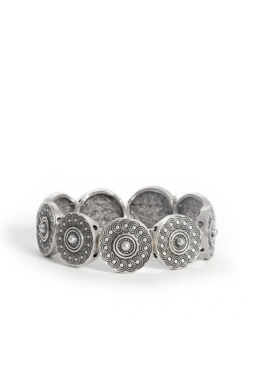 Kiraz Pearl Stoned Elastic Silver Plated Bracelet