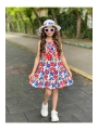 Kız Çocuk Çiçek Desenli Şapkalı Yazlık Elbise-bayramlık
