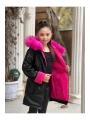 Kız Çocuk Fuşya Welsoftlu Kürk Kapüşonlu Siyah Deri Mont-kaban