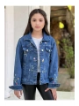 Kız Çocuk Çiçek Nakışlı Kot Ceket-jeans Ceket/kot Mont-jeans Mont