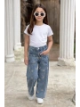 KIZ ÇOCUK KALPLİ NAKIŞLI BOL PAÇA MAVİ KOT PANTOLON (JEANS-DENİM)-BAYRAMLIK