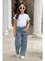 KIZ ÇOCUK KALPLİ NAKIŞLI BOL PAÇA MAVİ KOT PANTOLON (JEANS-DENİM)-BAYRAMLIK