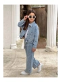 KIZ ÇOCUK YAKASI TAŞLI MAVİ KOT PANTOLON VE KOT CEKET TAKIM-BAYRAMLIK