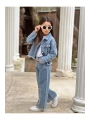 KIZ ÇOCUK BÜYÜK TAŞLI MAVİ KOT PANTOLON VE KOT CEKET TAKIM-BAYRAMLIK