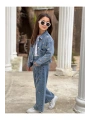 KIZ ÇOCUK NAKIŞLI MAVİ KOT PANTOLON VE KOT CEKET TAKIM-BAYRAMLIK