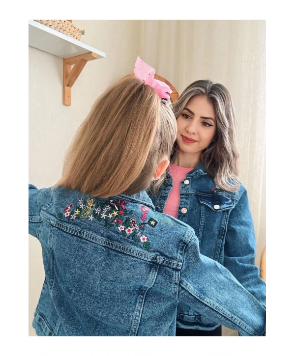 Anne-kız Çocuk Çiçek Nakışlı Kot Ceket-jeans Ceket/kot Mont-jeans Mont