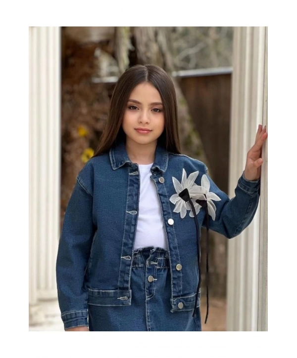 Kız Çocuk Üç Boyutlu Çiçek Aksesuarlı Kot Ceket-jeans Ceket