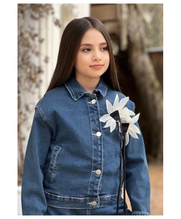 Kız Çocuk Üç Boyutlu Çiçek Aksesuarlı Kot Ceket-jeans Ceket