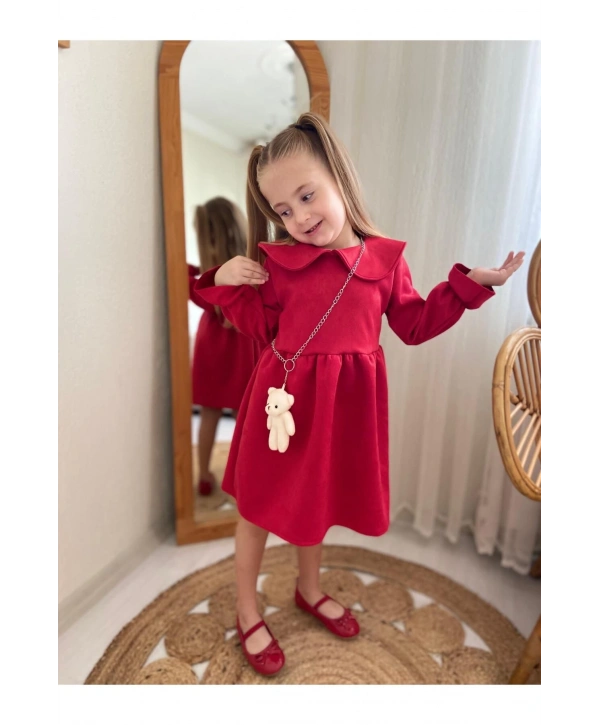 KIZ ÇOCUK KIRMIZI SÜET ELBİSE VE AYICIK AKSESUAR (YENİYIL-YILBAŞI-BAYRAMLIK)