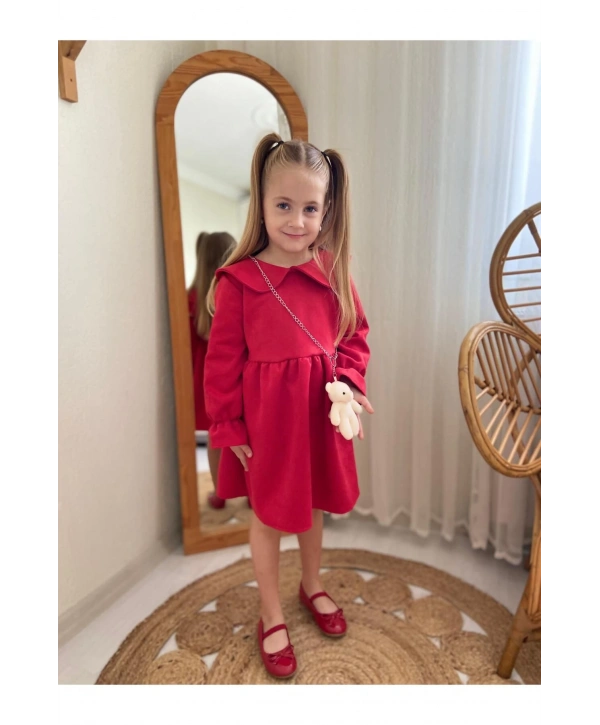 KIZ ÇOCUK KIRMIZI SÜET ELBİSE VE AYICIK AKSESUAR (YENİYIL-YILBAŞI-BAYRAMLIK)