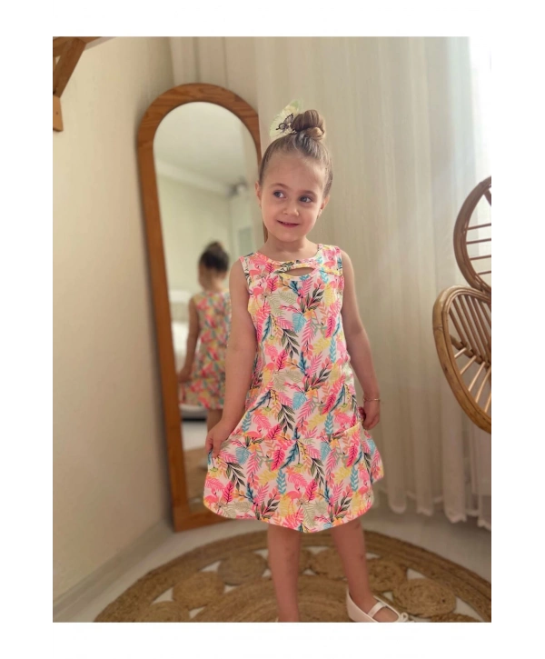 KIZ ÇOCUK FLAMİNGO DESENLİ RENKLİ YAZLIK ELBİSE-BAYRAMLIK