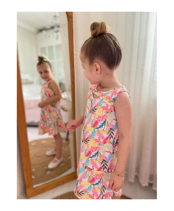 KIZ ÇOCUK FLAMİNGO DESENLİ RENKLİ YAZLIK ELBİSE-BAYRAMLIK