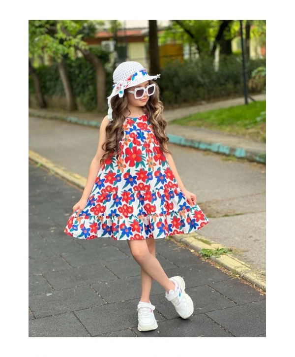 Kız Çocuk Çiçek Desenli Şapkalı Yazlık Elbise-bayramlık
