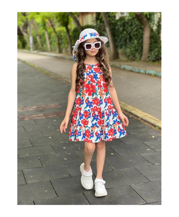 Kız Çocuk Çiçek Desenli Şapkalı Yazlık Elbise-bayramlık