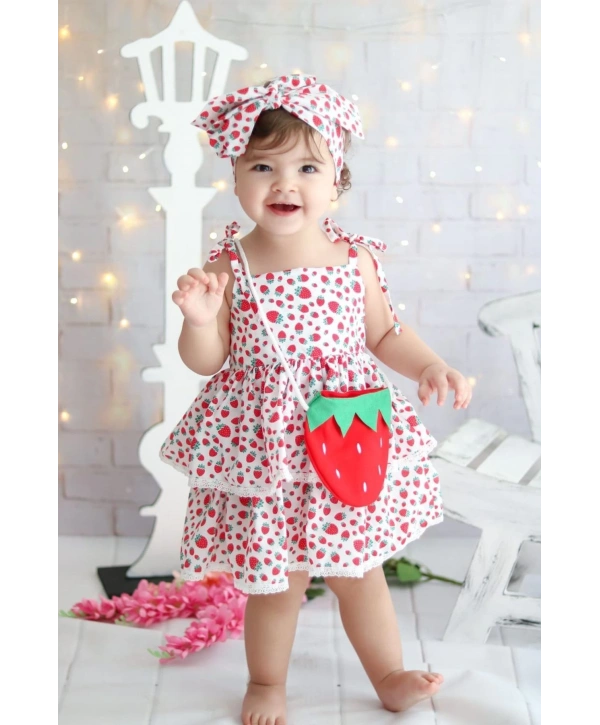 Kız Çocuk Çilekli Desenli Elbise Ve Çanta-23 Nisan-bayramlık