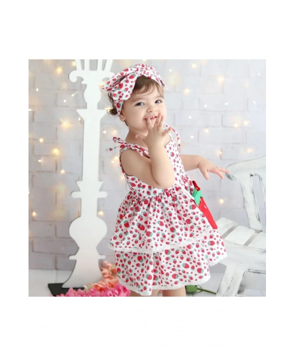 Kız Çocuk Çilekli Desenli Elbise Ve Çanta-23 Nisan-bayramlık