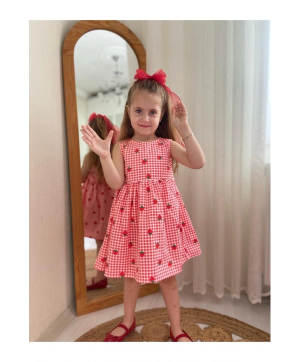 KIZ ÇOCUK ÇİLEK DESENLİ YAZLIK ELBİSE-BAYRAMLIK
