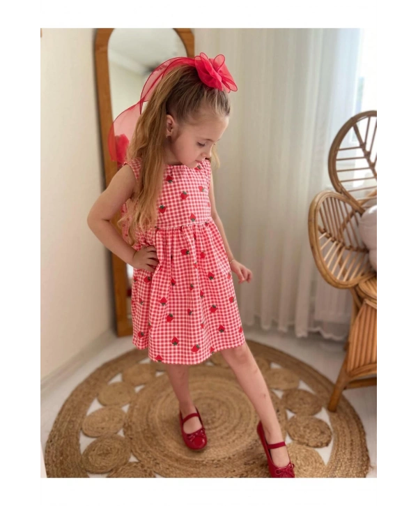 KIZ ÇOCUK ÇİLEK DESENLİ YAZLIK ELBİSE-BAYRAMLIK