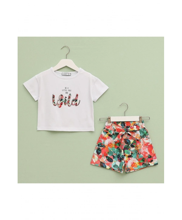 KIZ ÇOCUK ÇİÇEK DESENLİ ŞORT VE BEYAZ T-SHİRT İKİLİ TAKIM-BAYRAMLIK