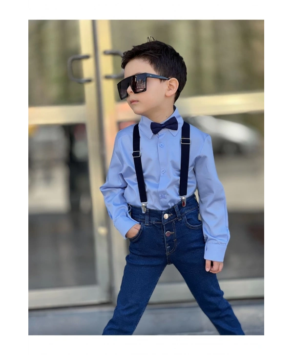 ERKEK ÇOCUK KOT PANTOLON-GÖMLEK-PAPYON-ASKI DÖRTLÜ TAKIM-23 NİSAN-BAYRAMLIK