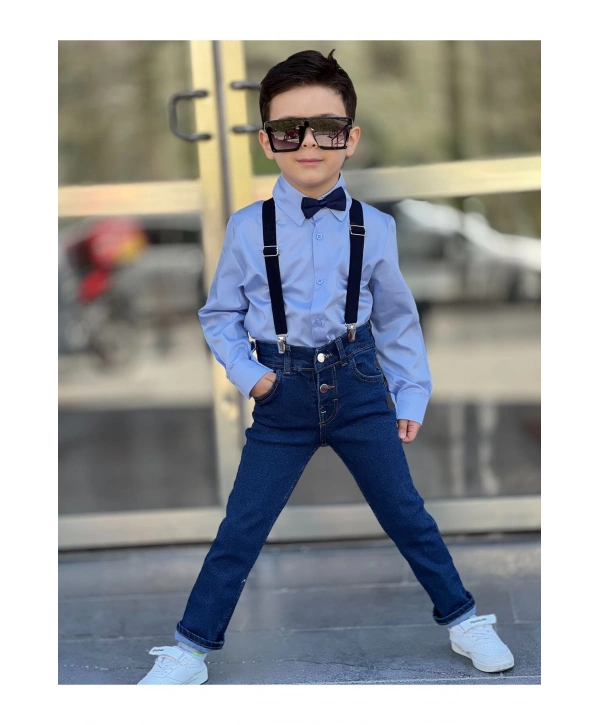 ERKEK ÇOCUK KOT PANTOLON-GÖMLEK-PAPYON-ASKI DÖRTLÜ TAKIM-23 NİSAN-BAYRAMLIK