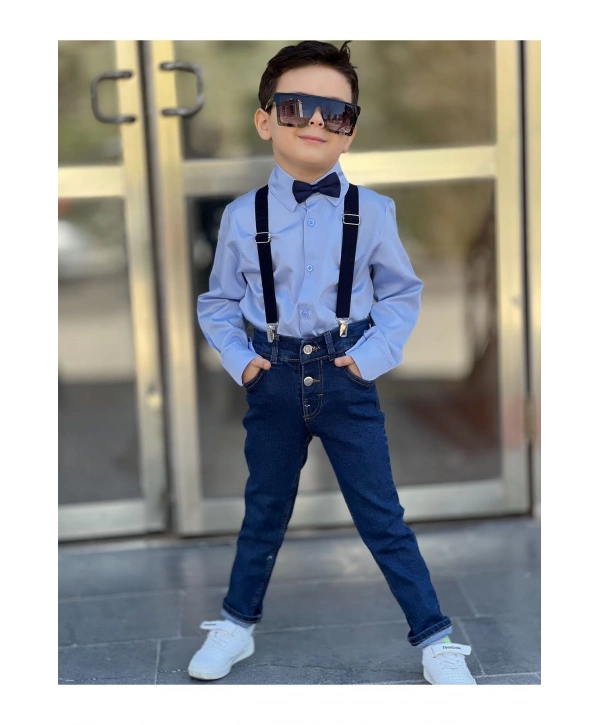 ERKEK ÇOCUK KOT PANTOLON-GÖMLEK-PAPYON-ASKI DÖRTLÜ TAKIM-23 NİSAN-BAYRAMLIK