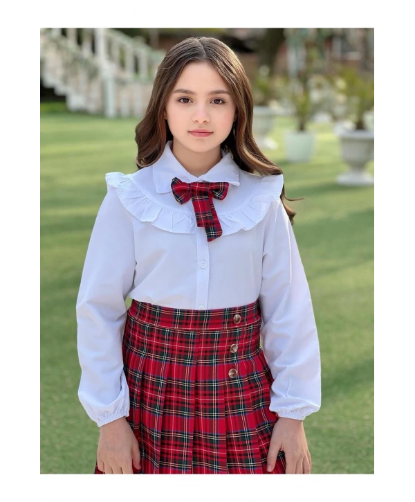 Kız Çocuk Kırmızı Ekose Etek Beyaz Gömlek Ve Fular Üçlü Takım-bayramlık-23 Nisan