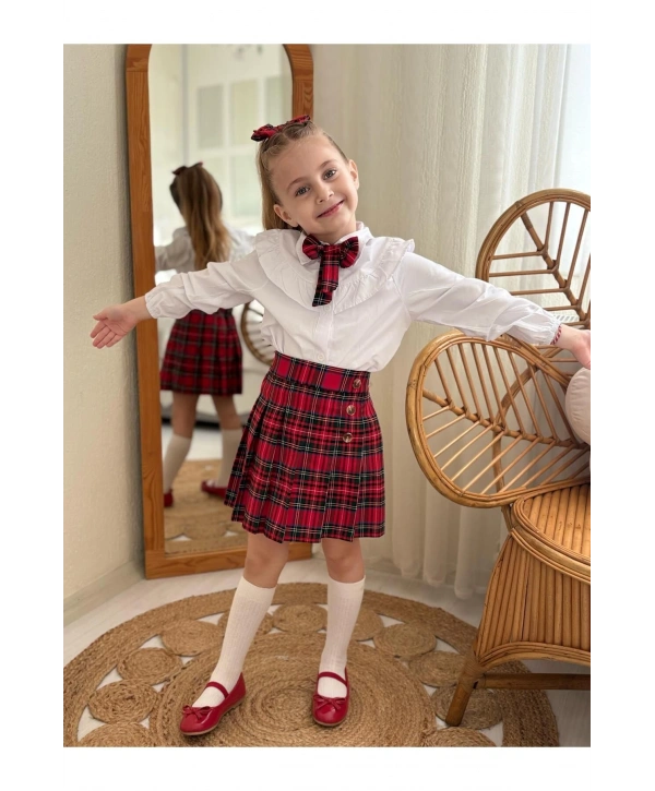 Kız Çocuk Kırmızı Ekose Etek Beyaz Gömlek Ve Fular Üçlü Takım-bayramlık-23 Nisan