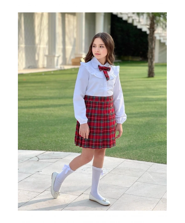 Kız Çocuk Kırmızı Ekose Etek Beyaz Gömlek Ve Fular Üçlü Takım-bayramlık-23 Nisan
