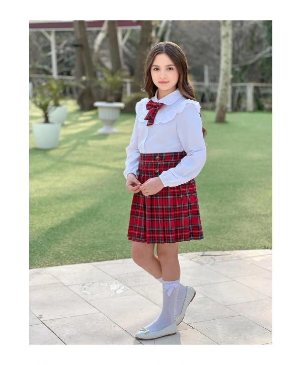 Kız Çocuk Kırmızı Ekose Etek Beyaz Gömlek Ve Fular Üçlü Takım-bayramlık-23 Nisan