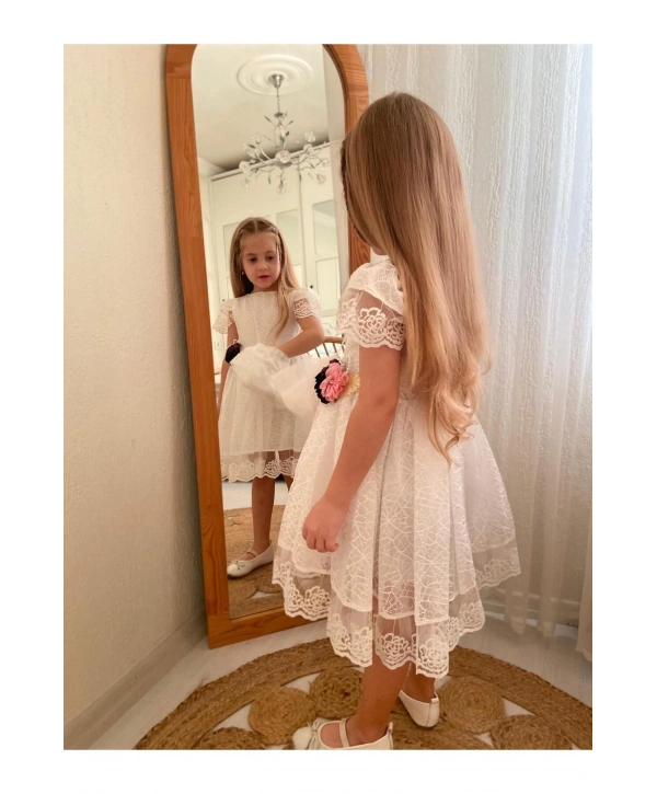 KIZ ÇOCUK KIRIK BEYAZ ABİYE TÜL ELBİSE VE ÇANTA (BİR BEDEN BÜYÜK TERCİH EDİNİZ)